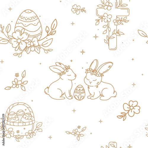 Seamless Easter pattern in gold line art with bunny rabbits decorated eggs floral cross spring flowers and basket in minimalist style for wrapping paper fabric textile packaging wallpaper.Vector