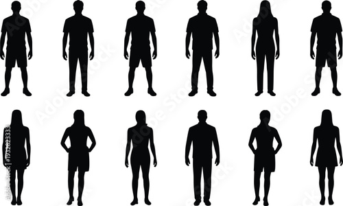 People silhouette icon set with standing male and female figures in casual poses for lifestyle concepts, social projects, community graphics, diversity themes, and modern design use