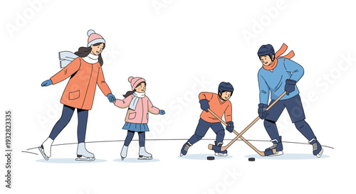 Happy family enjoying winter outdoor activities on an ice rink with parents and children ice skating and playing a friendly game of hockey together.