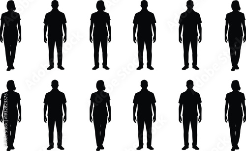 People silhouette icon set with standing male and female figures in casual clothing for social concepts, community graphics, lifestyle themes, and modern professional design use