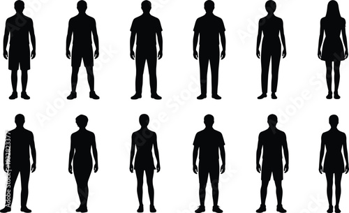 People silhouette icon set with standing male and female figures in casual clothing for lifestyle concepts, social graphics, diversity themes, and modern professional design use