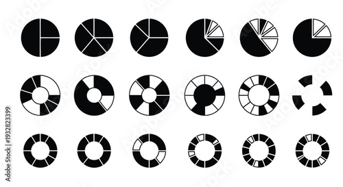 Vector illustration graphic design depicting a comprehensive set of pie charts and donut graphs for data visualization and statistical analysis.