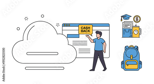 Young man presenting a cashback promotion feature with a browser window and various shopping and education icons next to a large digital cloud.