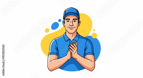 Cheerful Healthcare Professional in Blue Polo Illustration with Friendly Hands Clasped