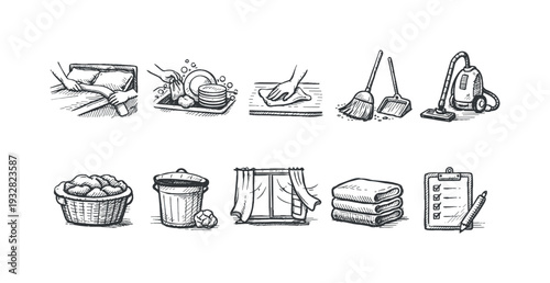 Cleaning outline icon set. Household chores and cleaning tools icons collection