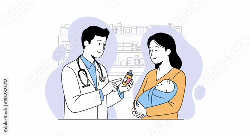 Medical Professional Administering Vaccine to Infant in Clinic with Mother