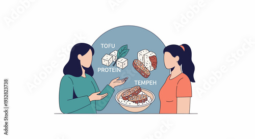 Two women discussing plant-based protein sources like tofu tempeh healthcare solutions in graphic design