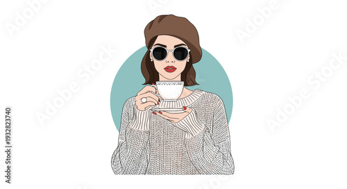 Stylish young woman wearing a brown beret and sunglasses while holding a cup and saucer and enjoying a hot beverage against a circular background.