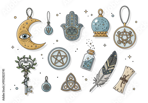 A collection of mystical symbols and charms, including a crescent moon, hamsa hand, and pentagram, arranged in a decorative pattern on a clean background.