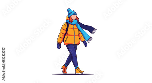 Young woman dressed in a warm yellow puffer jacket, blue scarf, and matching hat walking confidently through a cold outdoor winter environment.