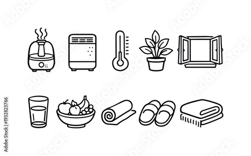 Home comfort, wellness outline icon set. Relaxation, indoor air quality line icons.