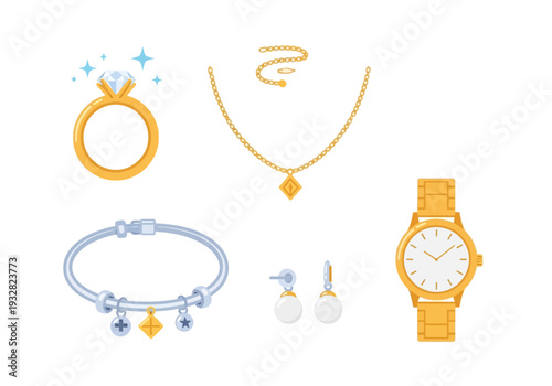 A collection of jewelry and accessories including a ring, necklace, bracelet, earrings, and watch displayed together