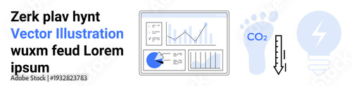 Analytics dashboard displaying charts and graphs. Sustainability symbols carbon footprint, CO2, thermometer, energy bulb. Ideal for sustainability, data, environment, statistics climate green