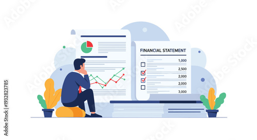 Professional financial advisor sitting and carefully reviewing complex business documents and annual financial statements with colorful growth charts.
