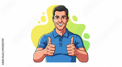 Cartoon Man Thumbs-Up Signifying Healthcare Approval in Abstract Yellow and Green