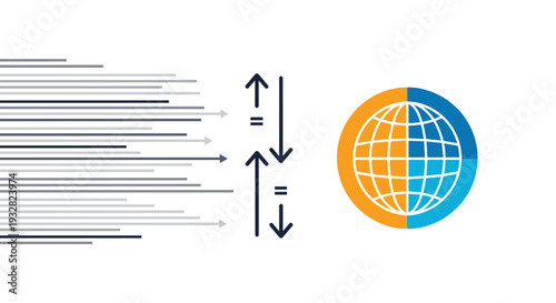 Global information exchange concept featuring stylized arrows and data lines moving across the screen towards a colorful world globe symbol.