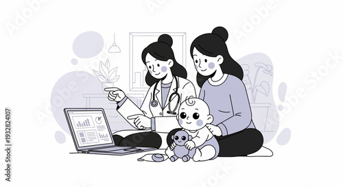 Healthcare & Medical parents share a laptop moment, two women and a baby sit in a quiet illustration, focused on screen, floor view