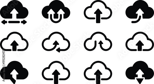 Cloud upload and download icon set with modern flat outline symbols for data transfer, backup, synchronization, storage, and network technology user interface design