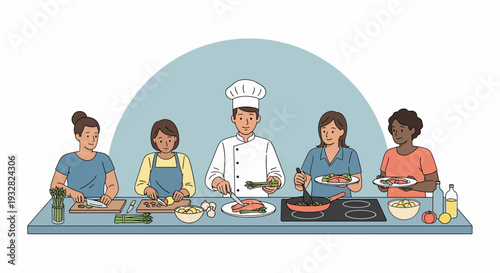 Chef Leads Group of Five in Kitchen Classroom with Utensils and Ingredients