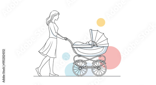 Graceful line drawing of a stylish young mother walking and pushing a classic baby stroller with colorful circular decorative elements in the background.