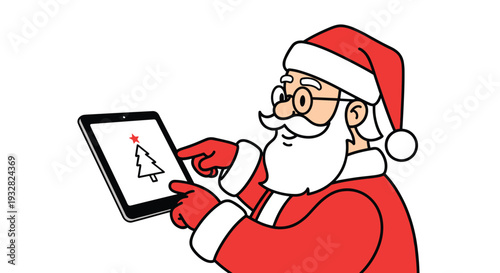 Jolly Santa Claus wearing his classic red suit and glasses while holding a digital tablet and interacting with a christmas tree icon on the screen.