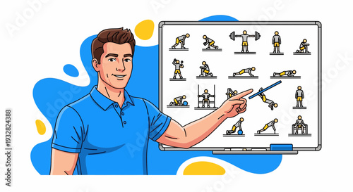 Trainer explains healthcare medical exercises on whiteboard to audience in a bright studio, pointing with blue pointer while wearing polo shirt