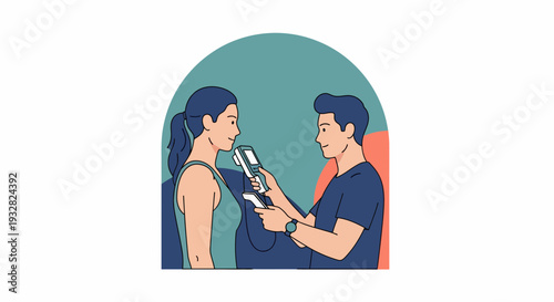 Man with Microphone and Woman in Cartoon Conversation on Teal Arch