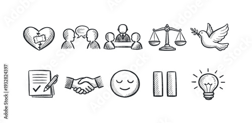 Law and justice icon set. Legal, peace, and agreement outline icons collection