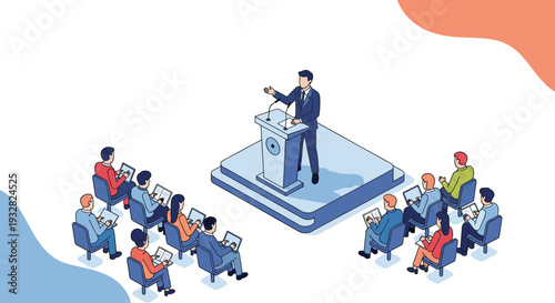 Professional speaker addressing an audience from a podium during a conference seminar or business presentation event.