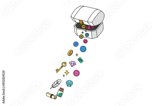 Treasure chest overflowing with jewels and precious artifacts spilling out onto a pristine white surface viewed from directly above