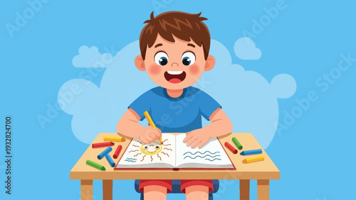 Young boy happily drawing a sun with crayons at a desk