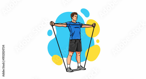 Healthcare and Medical Cartoon Man Pulls Resistance Bands in a Bright Gym Illustration – Front View of Fitness Workout