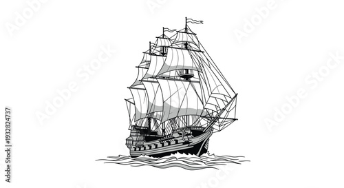 Detailed black and white illustration of a classic tall sailing ship with multiple masts and sails on the ocean waves.