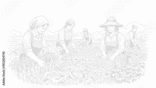 Women farmers harvesting organic vegetables in a field line art illustration.