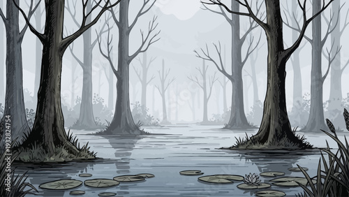 Misty swamp forest illustration with gloomy atmosphere and bare trees in the fog.