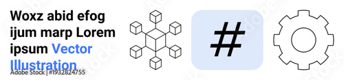 Geometric cube network, metadata tag symbol, and gear outline highlight digital frameworks. Ideal for tech, connections, networks, social media, collaboration tools, blockchain simple landing page