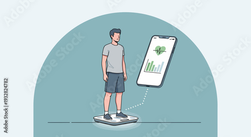 Healthcare and Medical Cartoon Man on Scale Uses Smartphone to Track Weight Progress