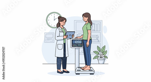 Healthcare Medical Professional Observes Woman on Scale in a Clinical Setting – Cartoon Illustration, Light Blue Background, Front View