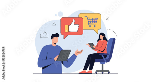 Two customers using tablets to shop online and provide positive feedback represented by a shopping cart and thumbs up icons.