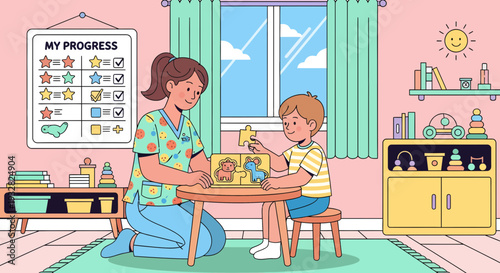 Teacher and child engaged in learning activity at table.