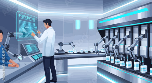 Scientists working in a futuristic laboratory with advanced technology.