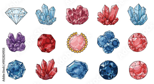 Large collection of colorful crystals and precious gemstones including diamonds amethysts and rubies in various shapes.