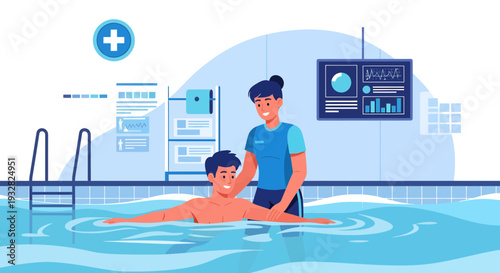 Therapist assisting patient in water therapy pool.