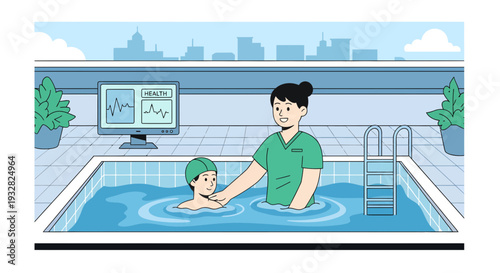 Therapist assisting child in swimming pool for rehabilitation.