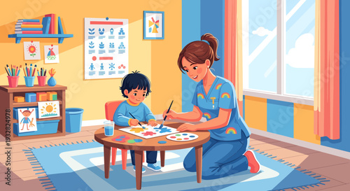 Young child and teacher painting together in a bright classroom.