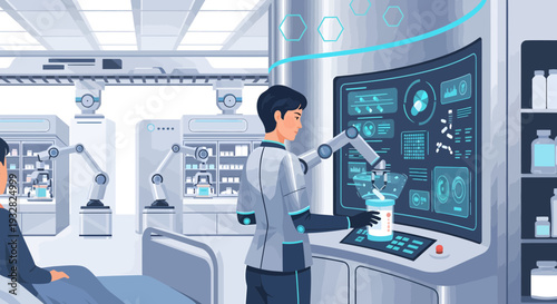 Young scientist working with advanced robotic arm and futuristic interface.