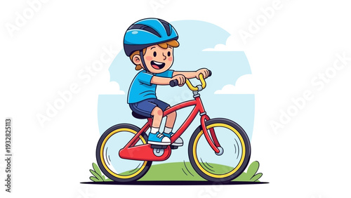 Happy young boy riding his red bicycle outdoors with a big smile.