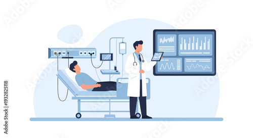 Doctor and patient in modern hospital room with advanced technology.