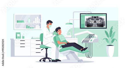 Dentist examining patient in modern dental clinic.