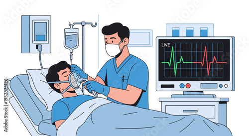 Doctor Attends Patient With Oxygen Mask in Hospital Room.